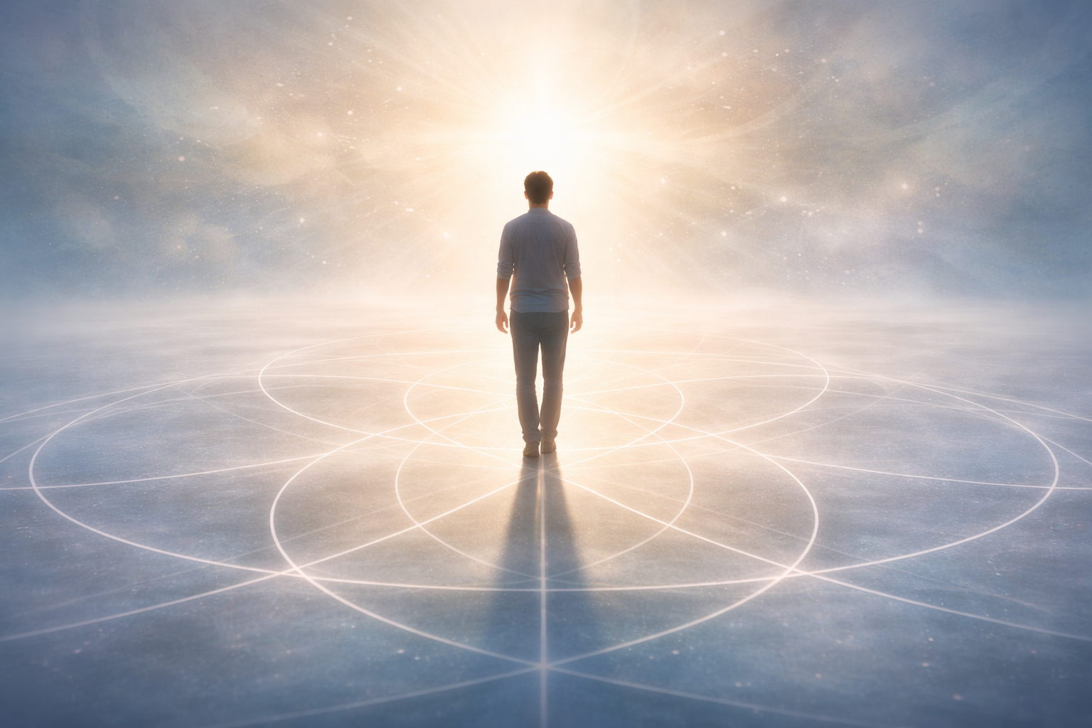 Person facing luminous horizon representing the structured process of creating alignment and intentional change
