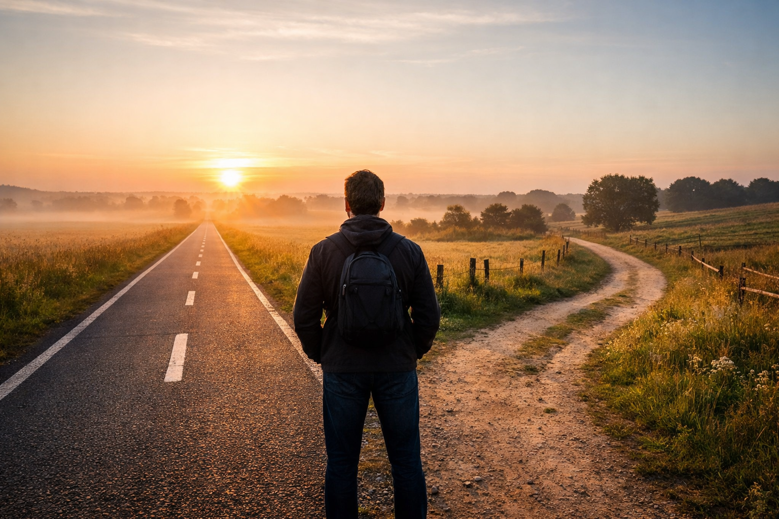 Person standing at a path divided between effort-driven goal setting and aligned future vision