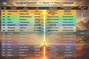 Energy of emotions scale illustrating the progression from force-based states like shame and fear to higher power states such as love, joy, peace, and enlightenment.