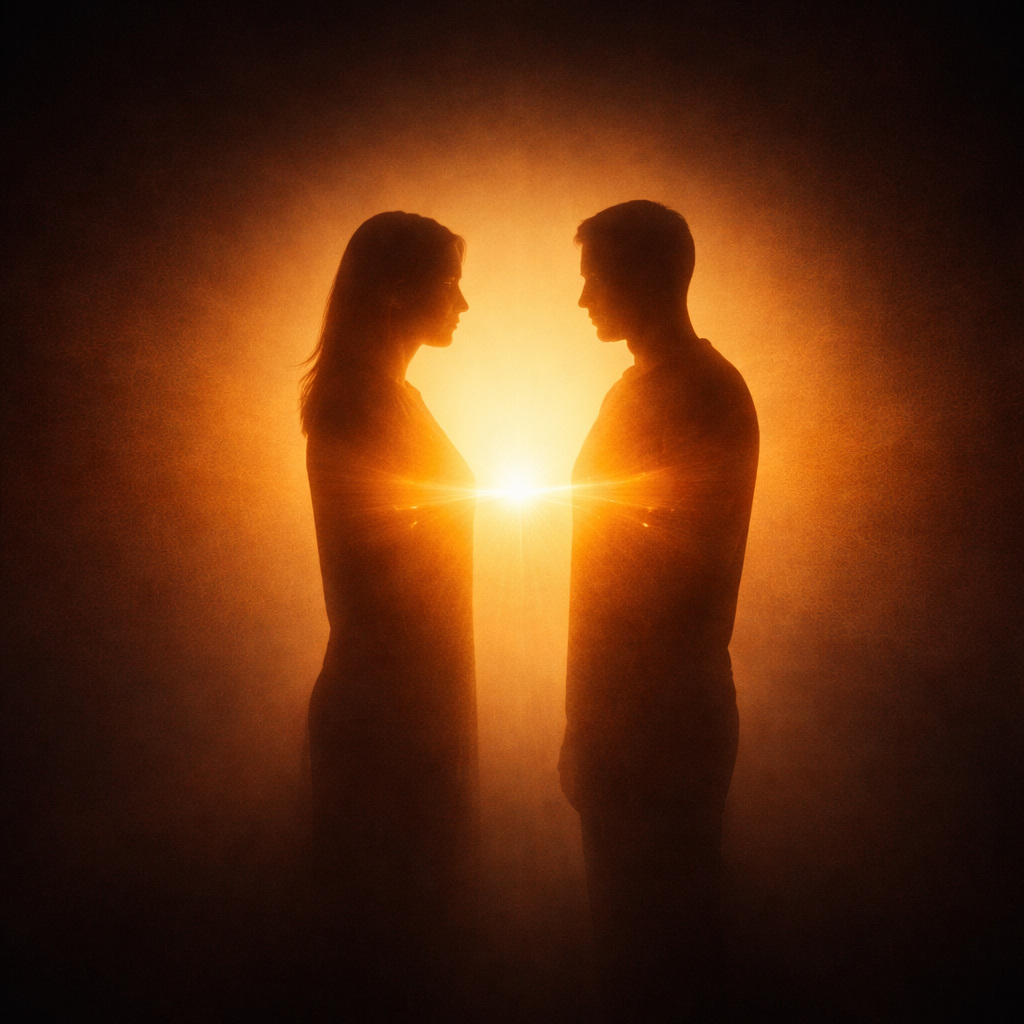 Silhouette stepping from shadow into warm golden light symbolizing natural human connection