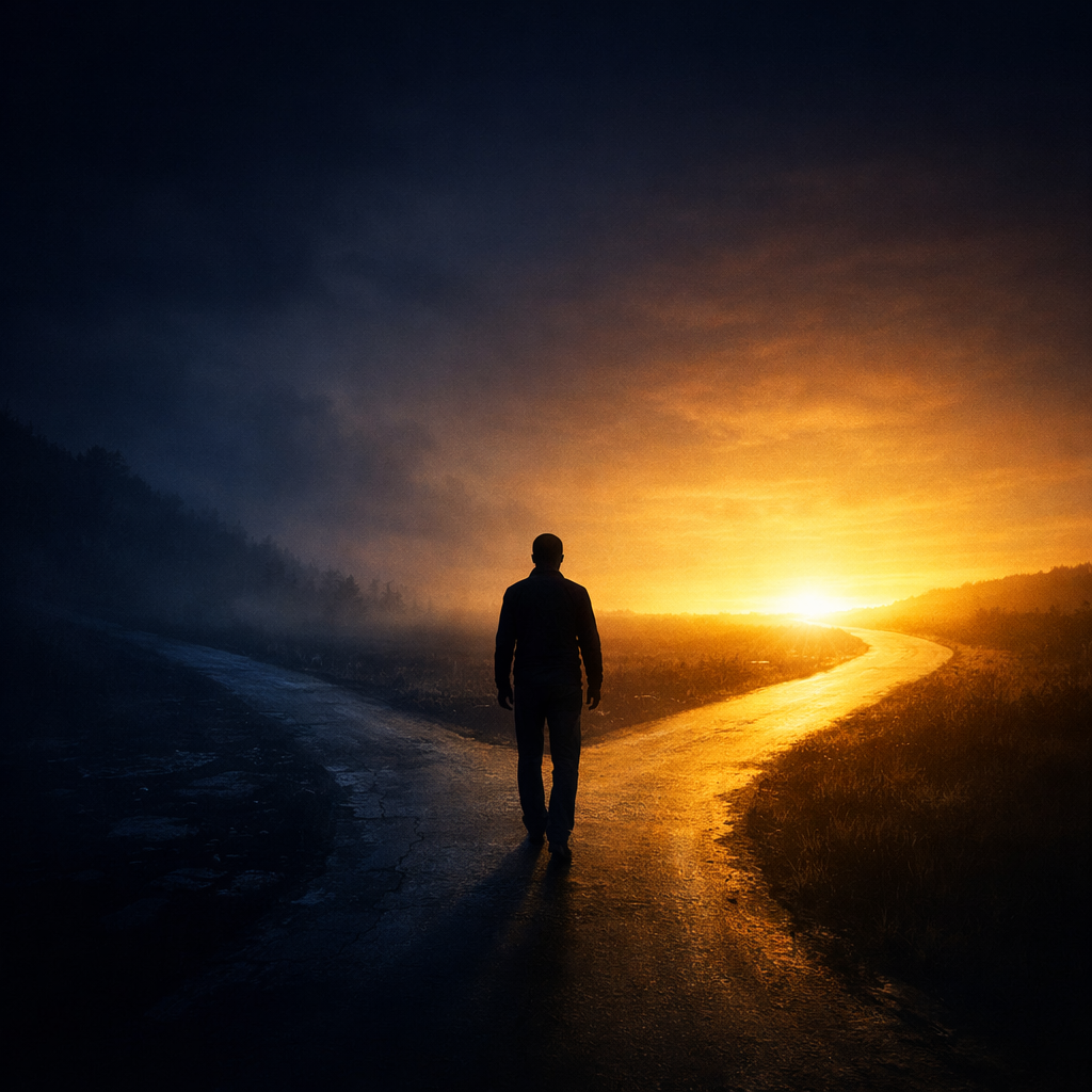 Silhouette moving toward a luminous horizon representing forward motivation and future focus