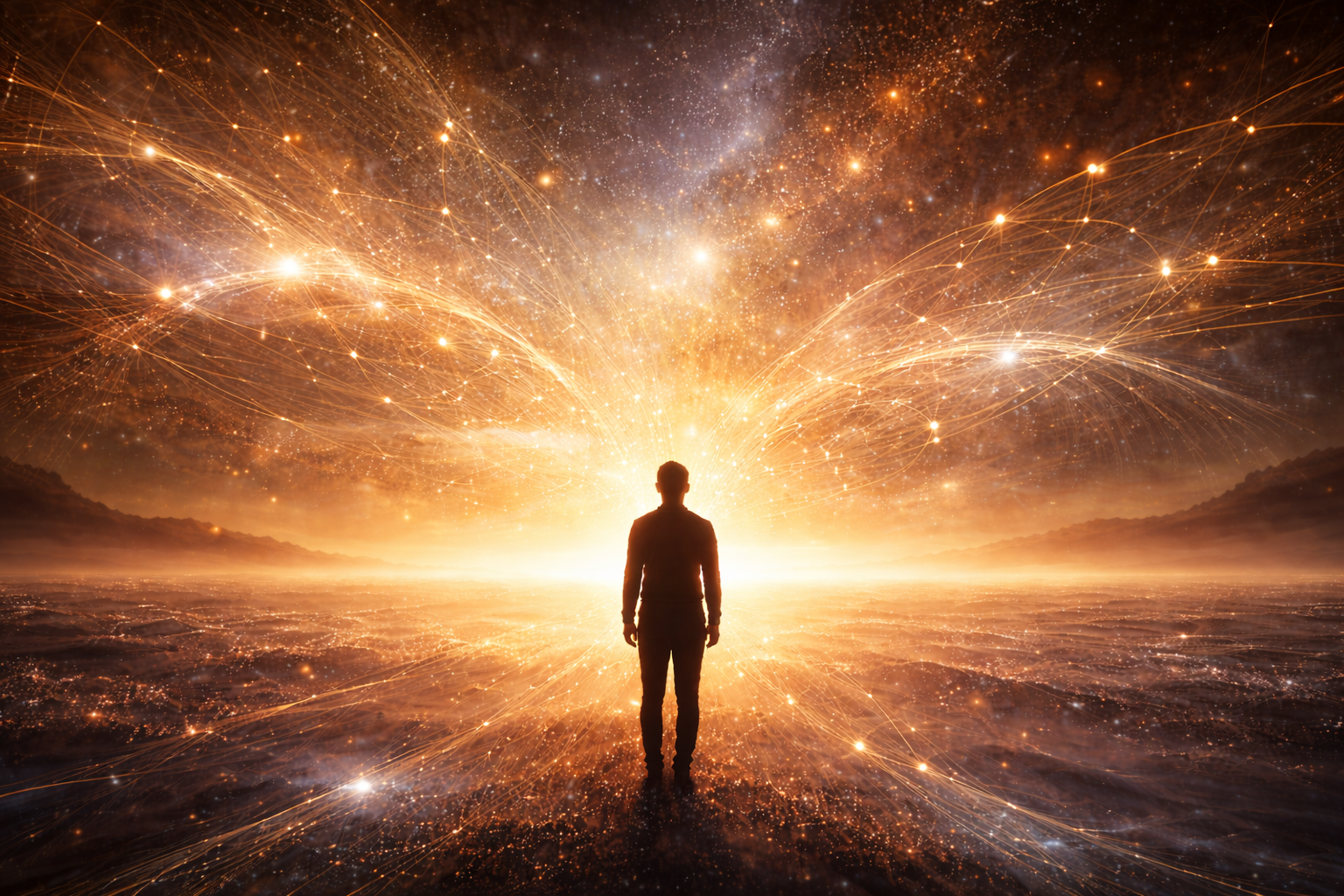 Silhouette facing a radiant golden horizon with light patterns symbolizing imagination shaping future reality.