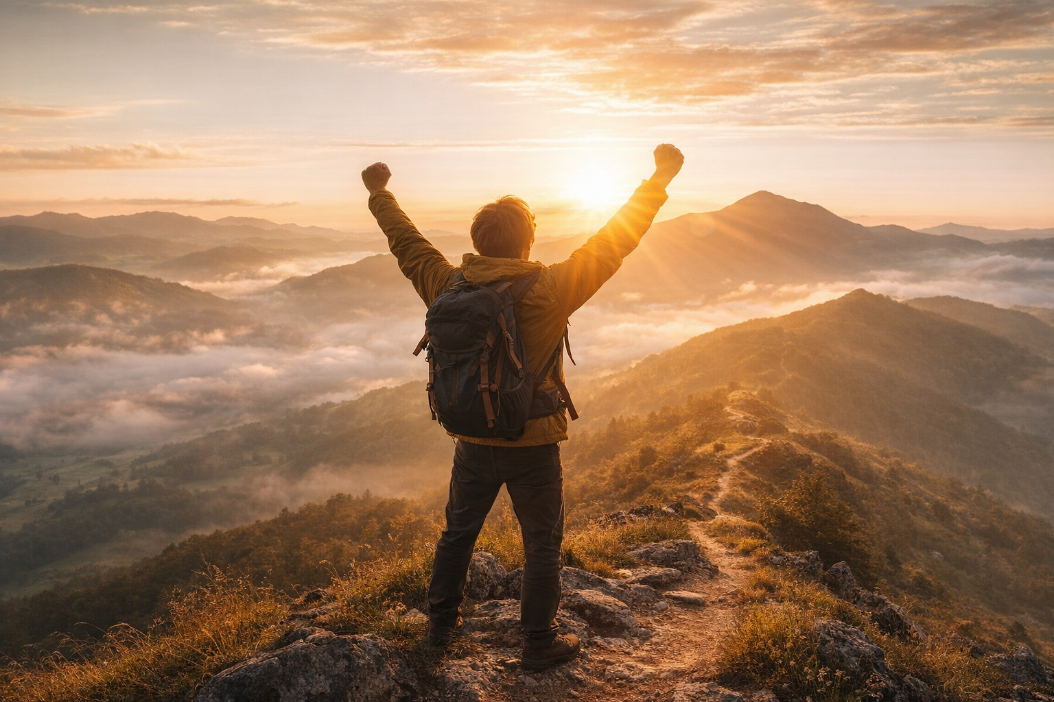 Triumphant hike at sunrise summit