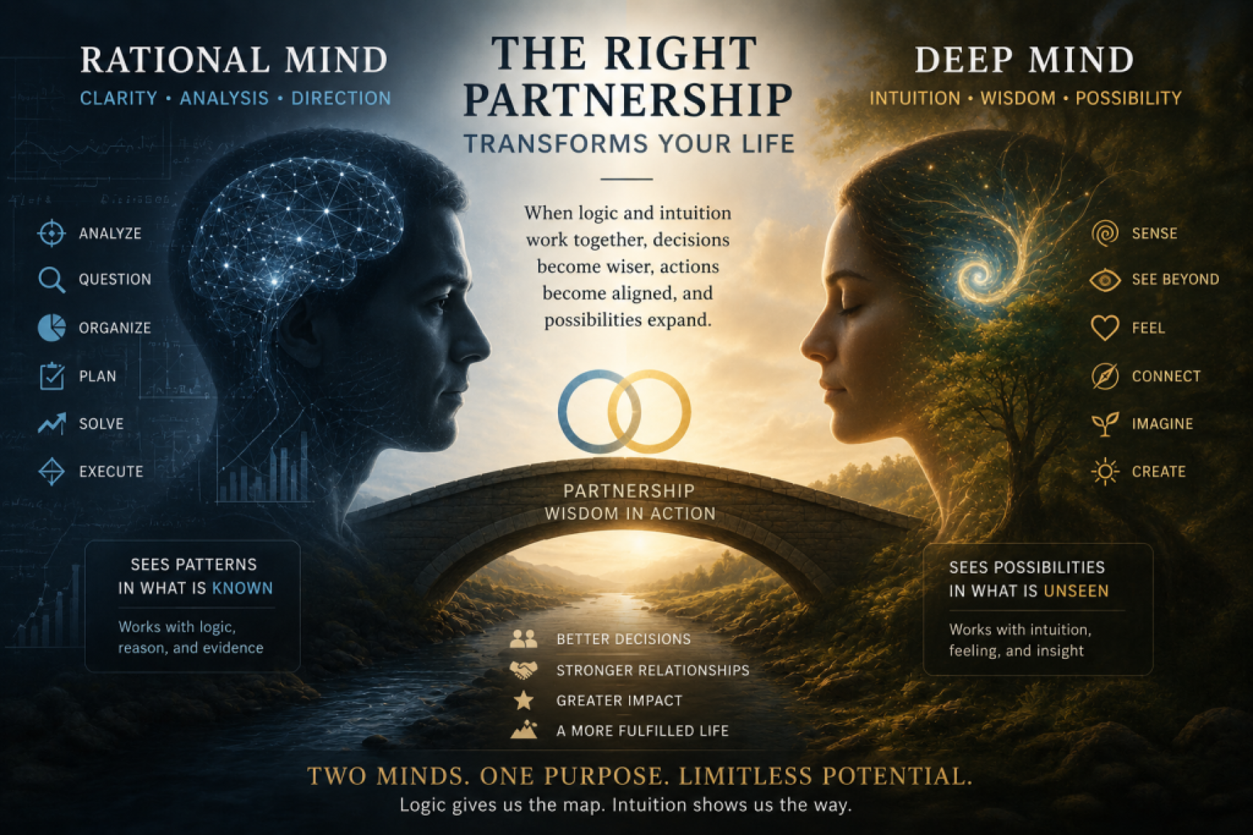Conceptual illustration showing the partnership between the rational mind and the deep mind, demonstrating how logic and intuition work together for better decisions and greater human potential.