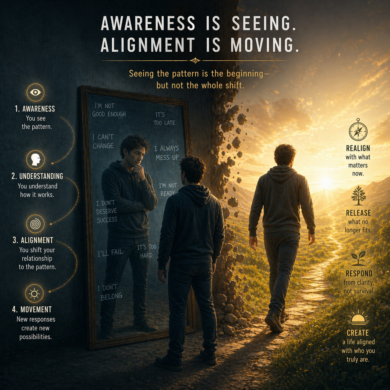 person seeing themselves clearly but not yet moving forward