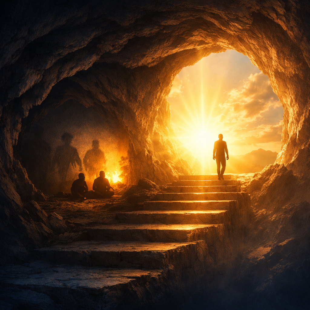 Illustration of a person leaving a dark cave and walking toward bright sunlight, symbolizing the shift from limited perception to deeper understanding.