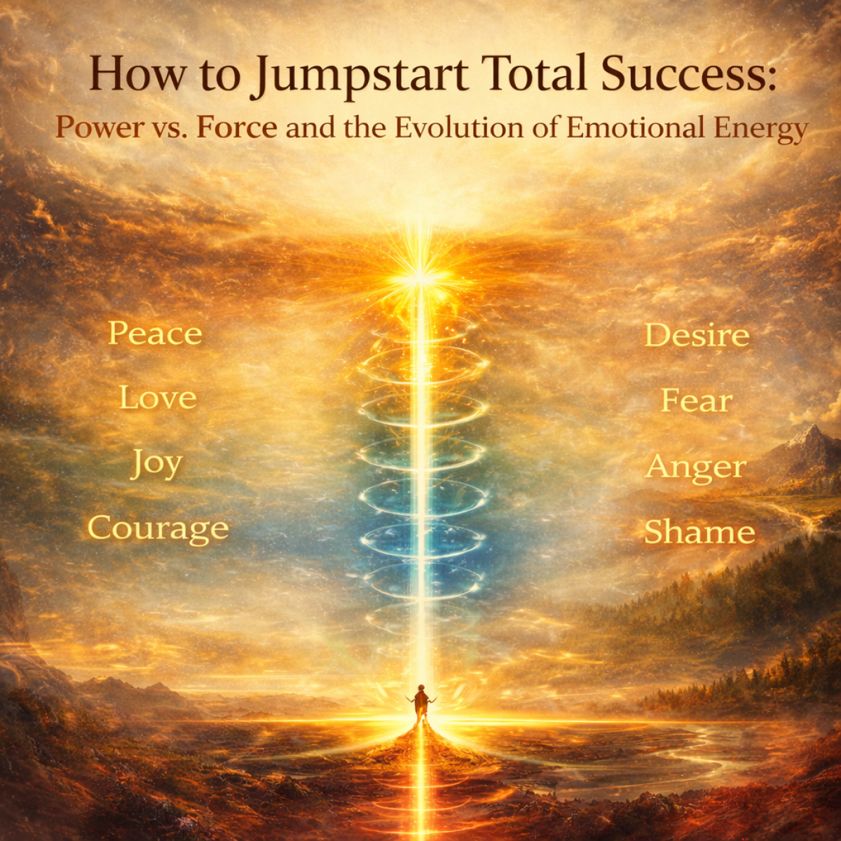 Golden illustration showing a person standing beneath a rising column of light representing the evolution of emotional energy from lower force-based states toward higher states of power such as courage, love, joy, and peace.