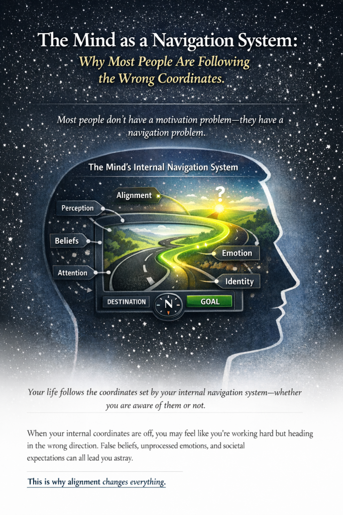 Illustration of a human mind as a navigation system showing how beliefs, perception, emotion, attention, and identity determine life direction.