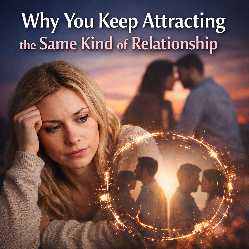 Woman reflecting on past relationships with repeated couples in a glowing circular pattern representing recurring relationship patterns
