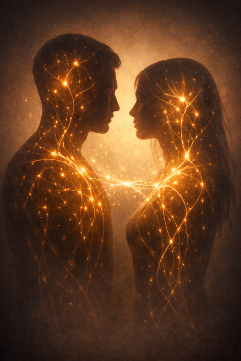 Abstract silhouettes with internal patterns aligning, representing familiar attraction and relationship patterns