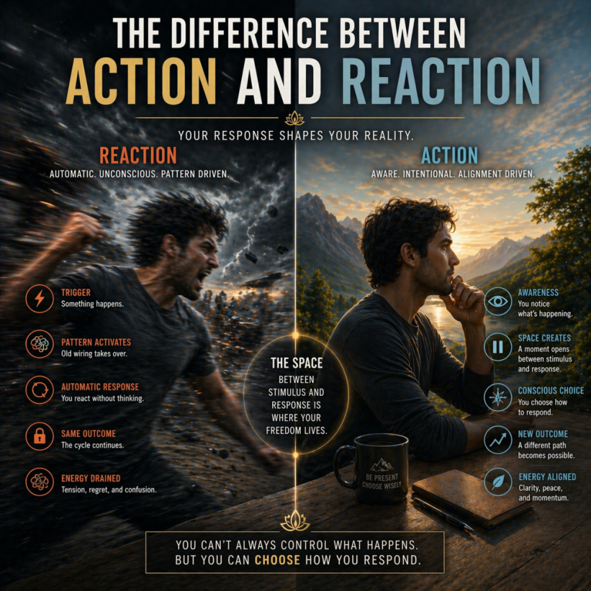 contrast between reactive behavior and calm aligned action