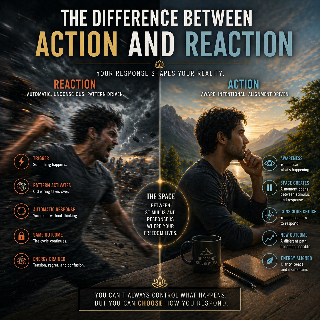 contrast between reactive behavior and calm aligned action