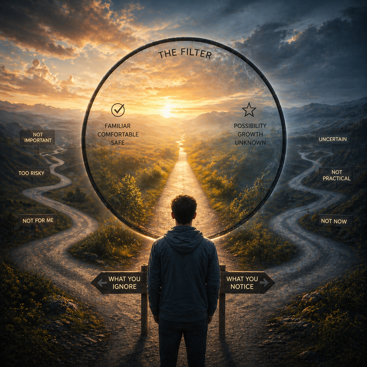 person viewing limited choices through mental filter