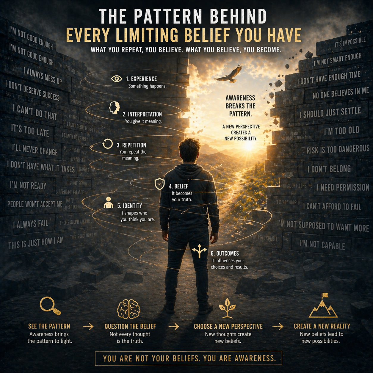 person surrounded by repeating thought patterns forming beliefs