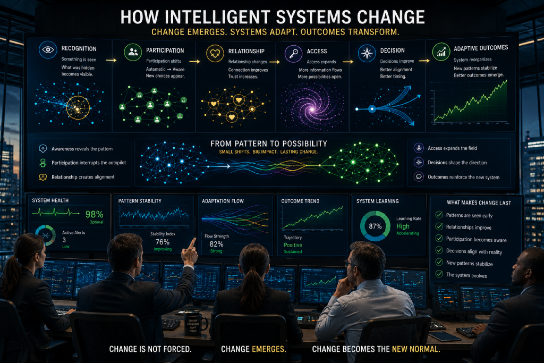 Mission control team monitoring interconnected operational dashboards as subtle improvements propagate through an entire complex system, illustrating how lasting change emerges through recognition, relationship, and intelligent adaptation rather than force.
