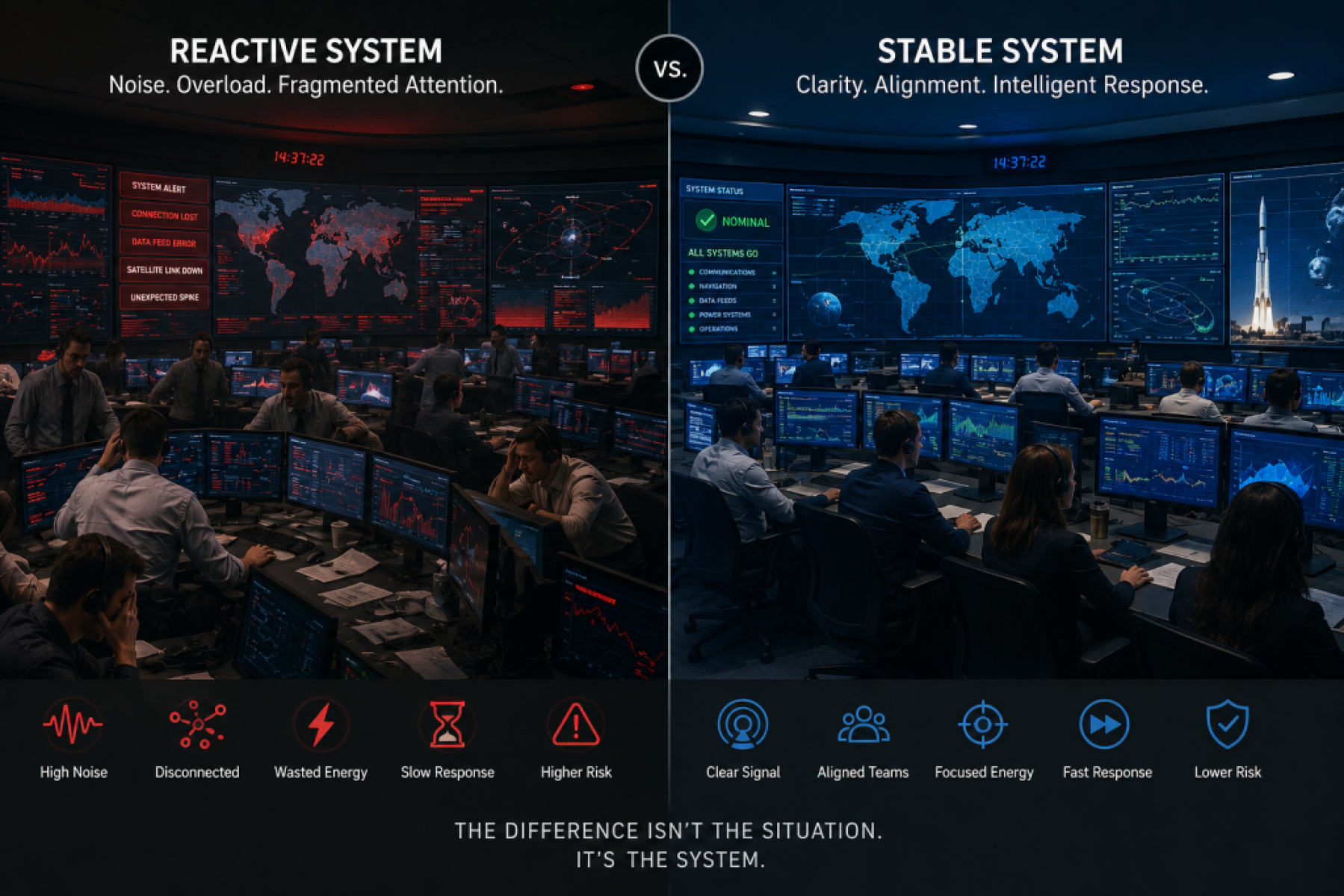 Mission control operations center illustrating how stable systems maintain clarity, coordinated communication, and intelligent decision-making under uncertainty.