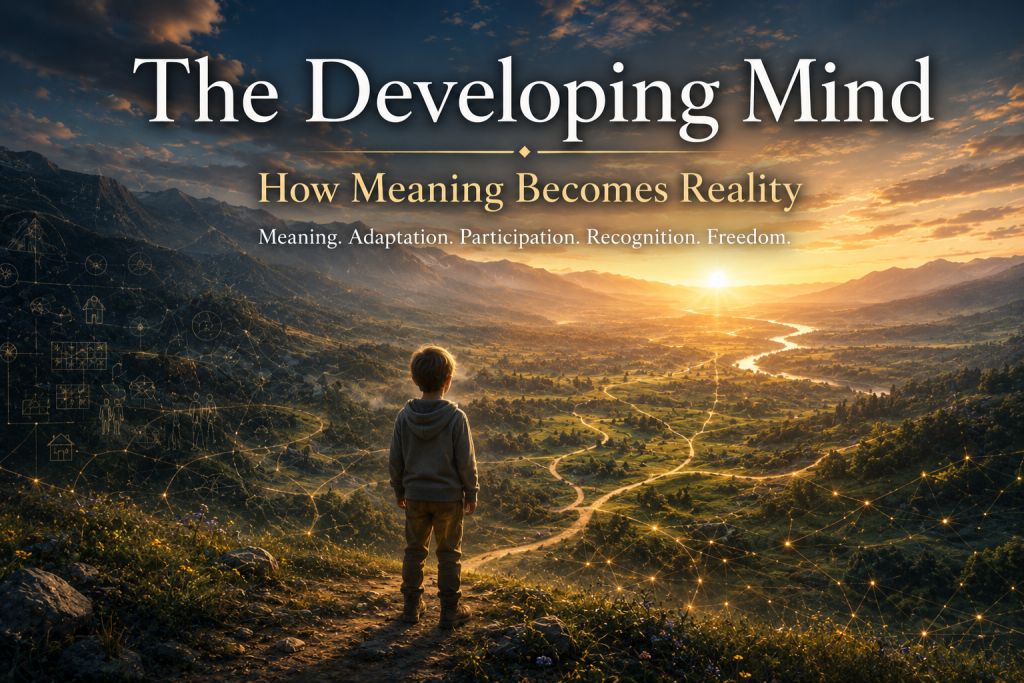 Child overlooking a vast landscape at sunrise, symbolizing human development, meaning formation, participation, recognition, and personal freedom.