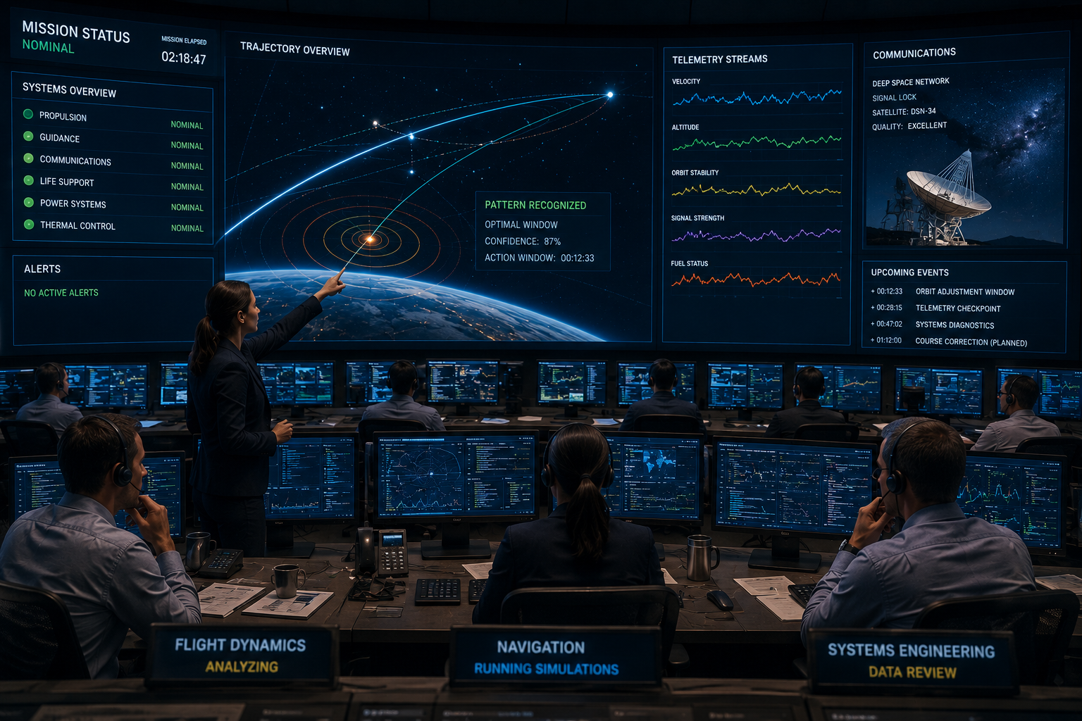 Mission control team recognizing patterns and making clear decisions under uncertainty, illustrating how reducing interference improves recognition and decision-making.