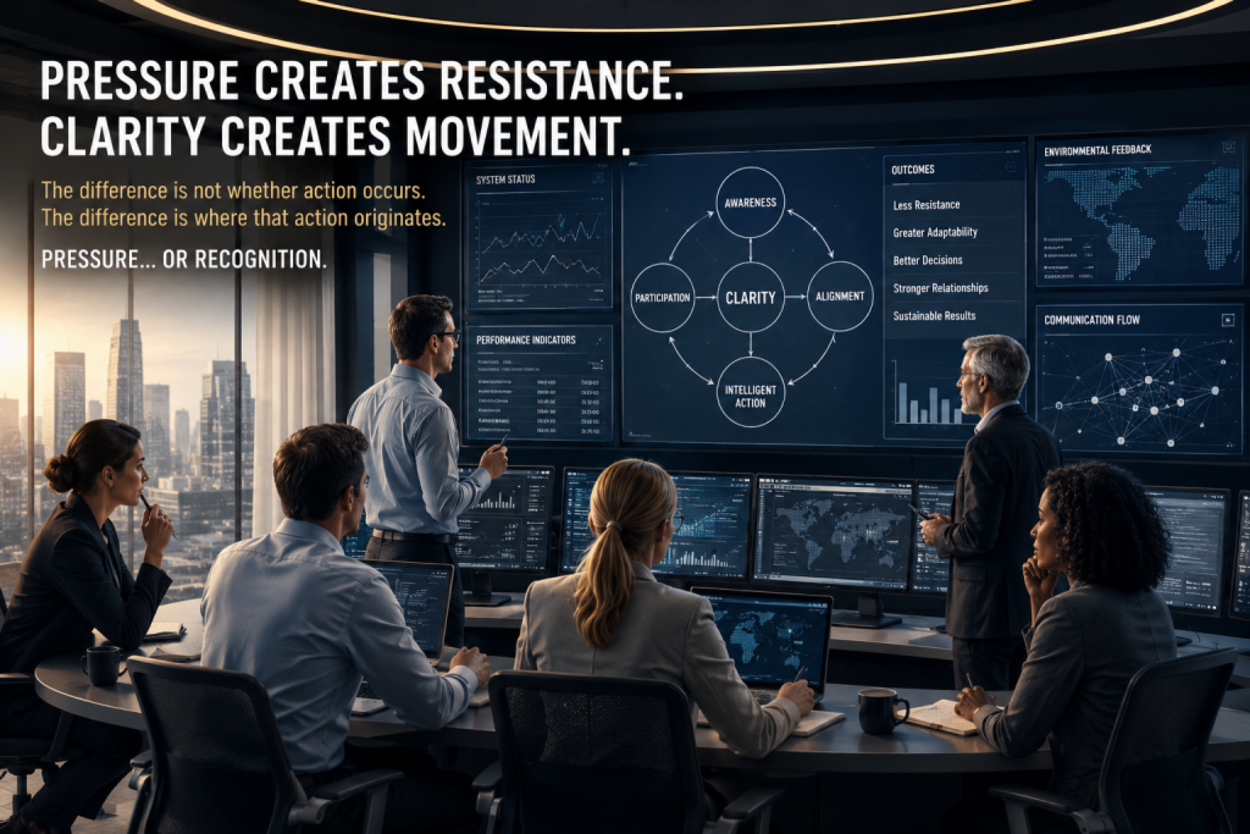 Mission control team coordinating decisions under pressure, illustrating how reducing unnecessary force improves communication, recognition, and intelligent action in complex systems.