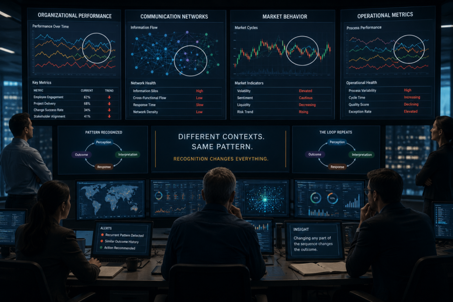 Mission control team analyzing recurring patterns across organizational performance, communication networks, market behavior, and operational systems to identify repeating sequences in complex systems.