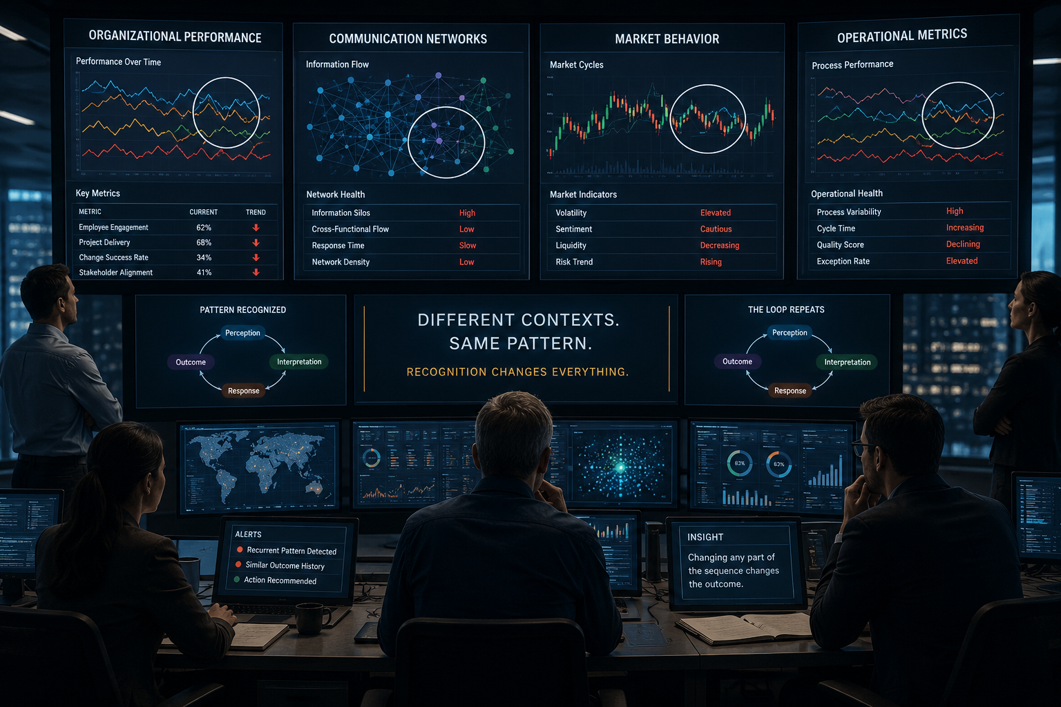 Mission control team analyzing recurring patterns across organizational performance, communication networks, market behavior, and operational systems to identify repeating sequences in complex systems.