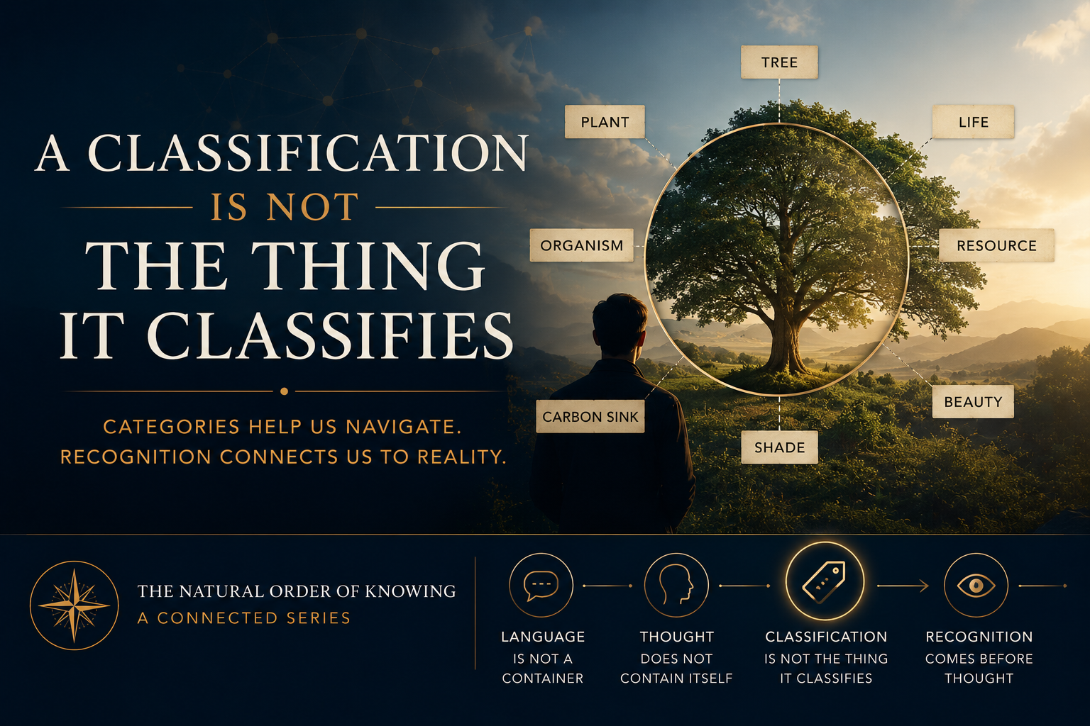 Conceptual illustration showing that classifications, labels, and categories describe reality but never replace the thing being observed, represented by a tree surrounded by multiple classifications.