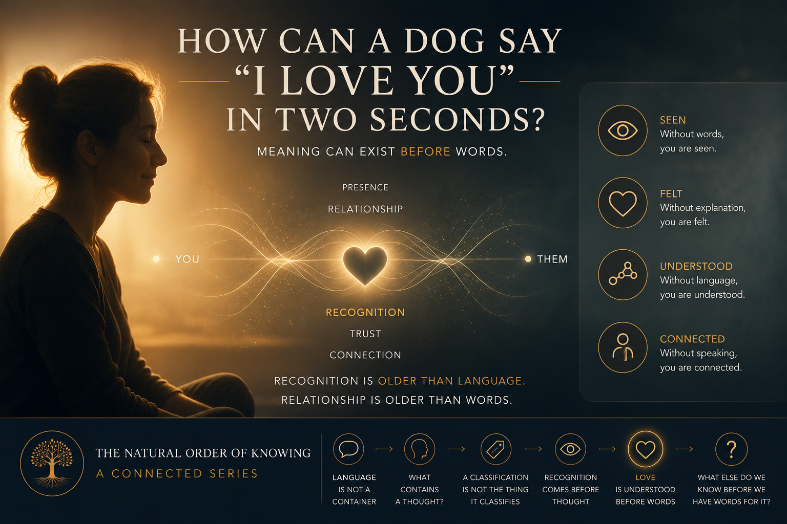 Conceptual illustration exploring recognition, relationship, and communication without words, showing how meaning can emerge through connection before language.