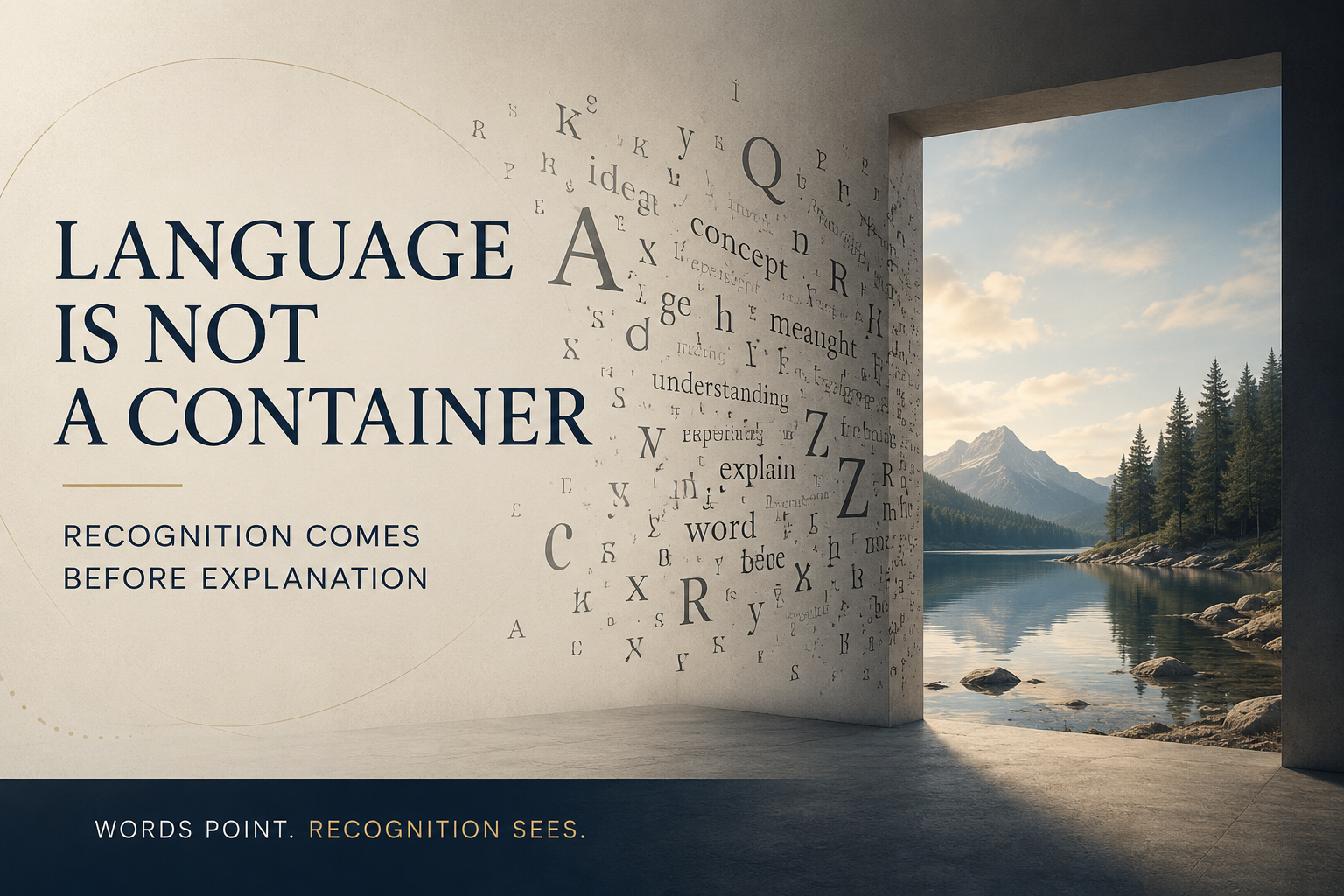 Language is not a container. Conceptual illustration showing language pointing toward reality and recognition preceding explanation.