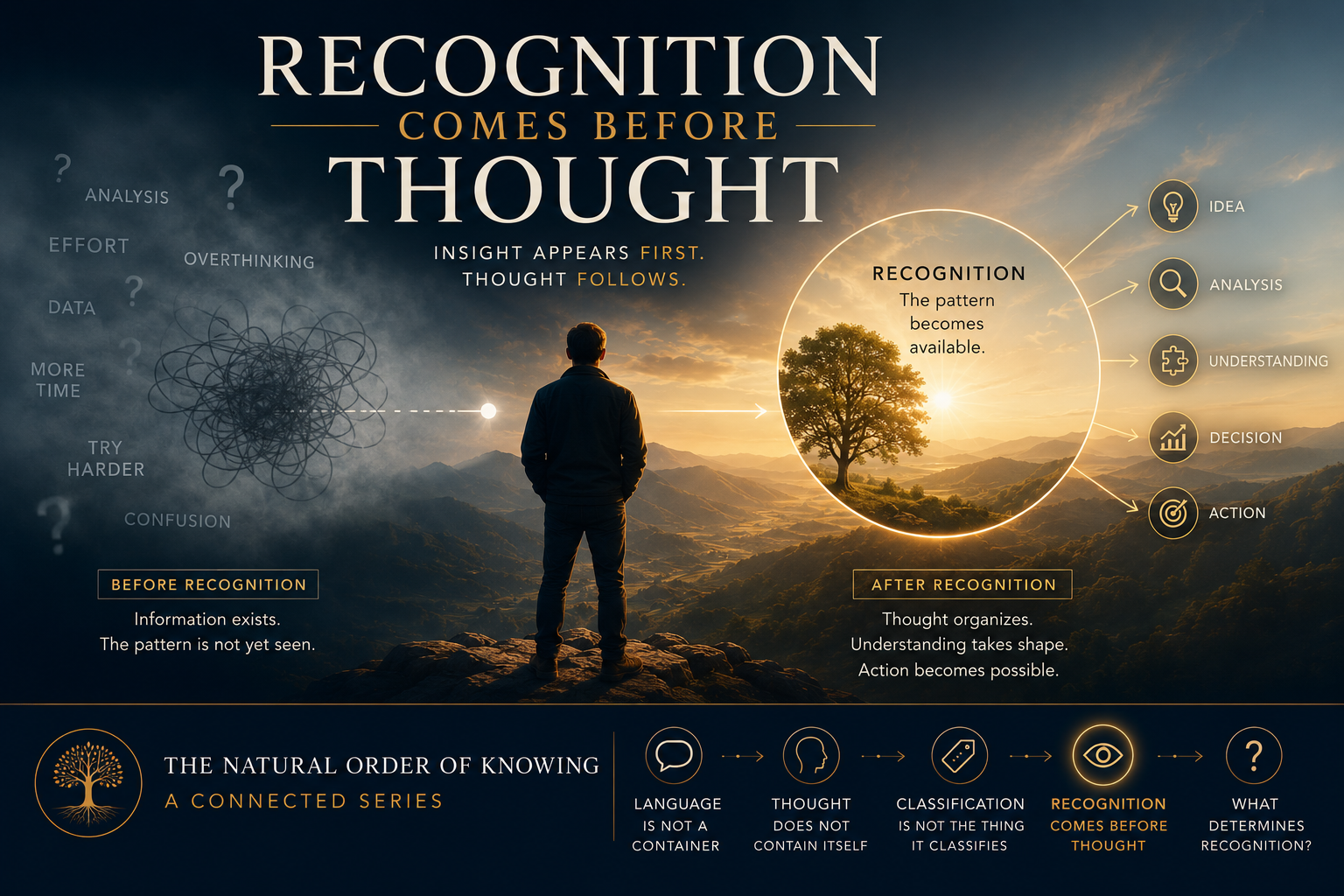 Conceptual illustration showing recognition emerging before deliberate thought, with understanding, analysis, decision-making, and action developing after a previously unseen pattern becomes visible.