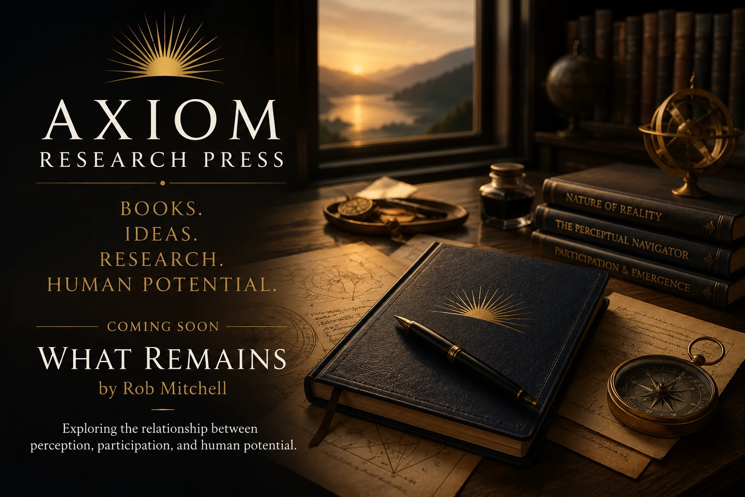 Promotional artwork for the forthcoming book What Remains by Rob Mitchell, published by Axiom Research Press, exploring perception, participation, and human potential.